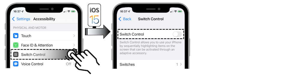 On iOS 15: enable Switch Control from the Settings-Accessibility-Switch Control menu