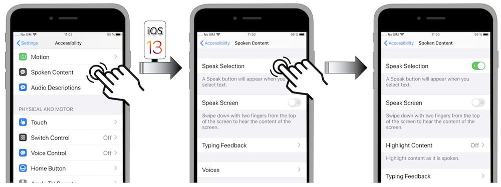 Access illustration via Settings - Accessibility - Spoken Content - Speak Selection