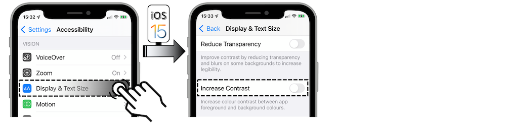 Access illustration via Settings - Accessibility - Display & Text Size - Increase Contrast