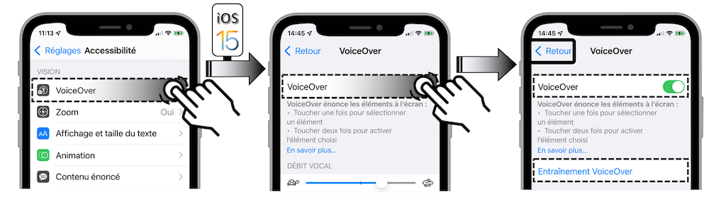 Sur iOS 15 : activer Voice Over à partir du menu Réglages-Accessibilité-Voice Over