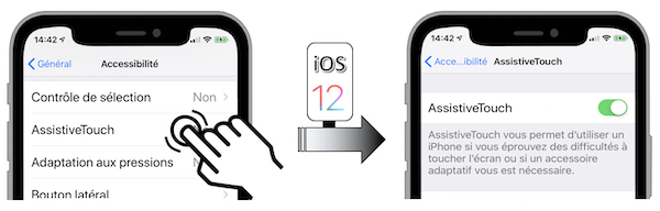 Illustration d'accès via le menu Réglages - Général - Accessibilité - AssistiveTouch