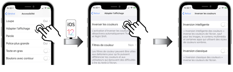 Illustration d'accès via le menu Réglages - Général - Accessibilité - Adapter l'affichage - Inverser les couleurs - Inversion intelligente