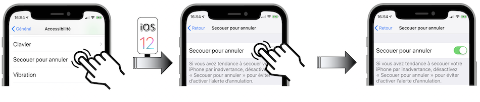 Illustration d'accès via le menu Réglages - Général - Accessibilité - Secouer pour annuler