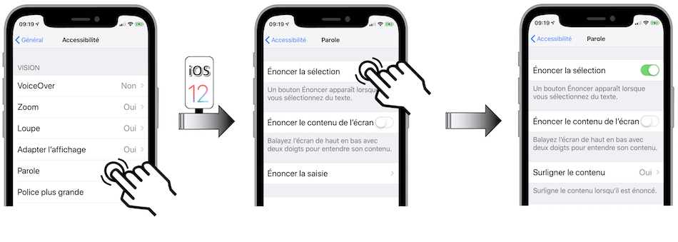 Illustration d'accès via le menu Réglages - Général - Accessibilité - Parole - Énoncer la sélection