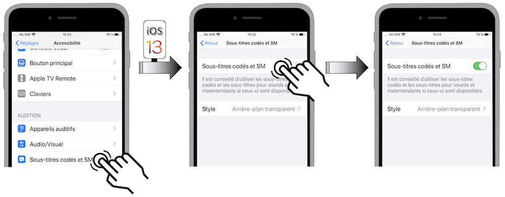 Illustration d'accès via le menu Réglages - Accessibilité - Sous-titres codés et SM