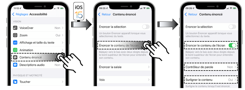 Illustration d'accès via le menu Réglages - Accessibilité - Contenu énoncé - Énoncer lecontenu de l'écran